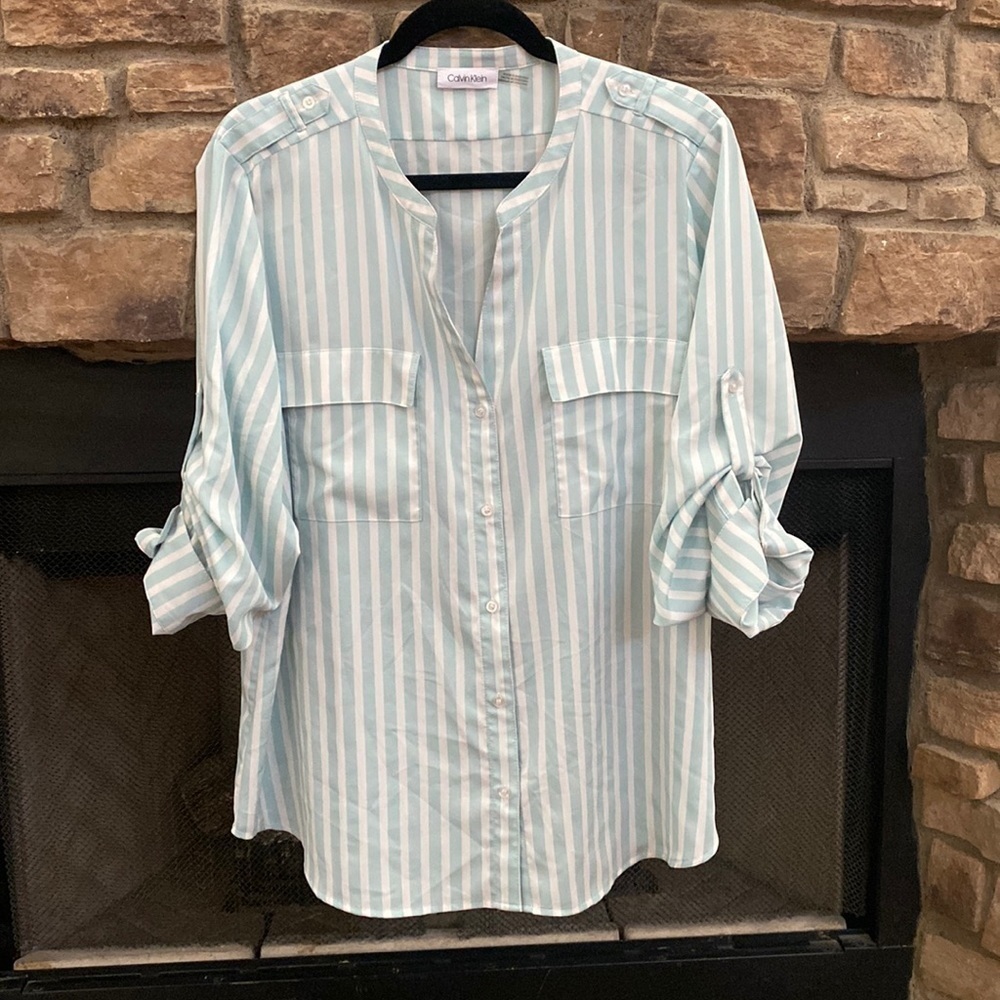 Calvin Klein mint green and white striped blouse. XL - Picture 1 of 10